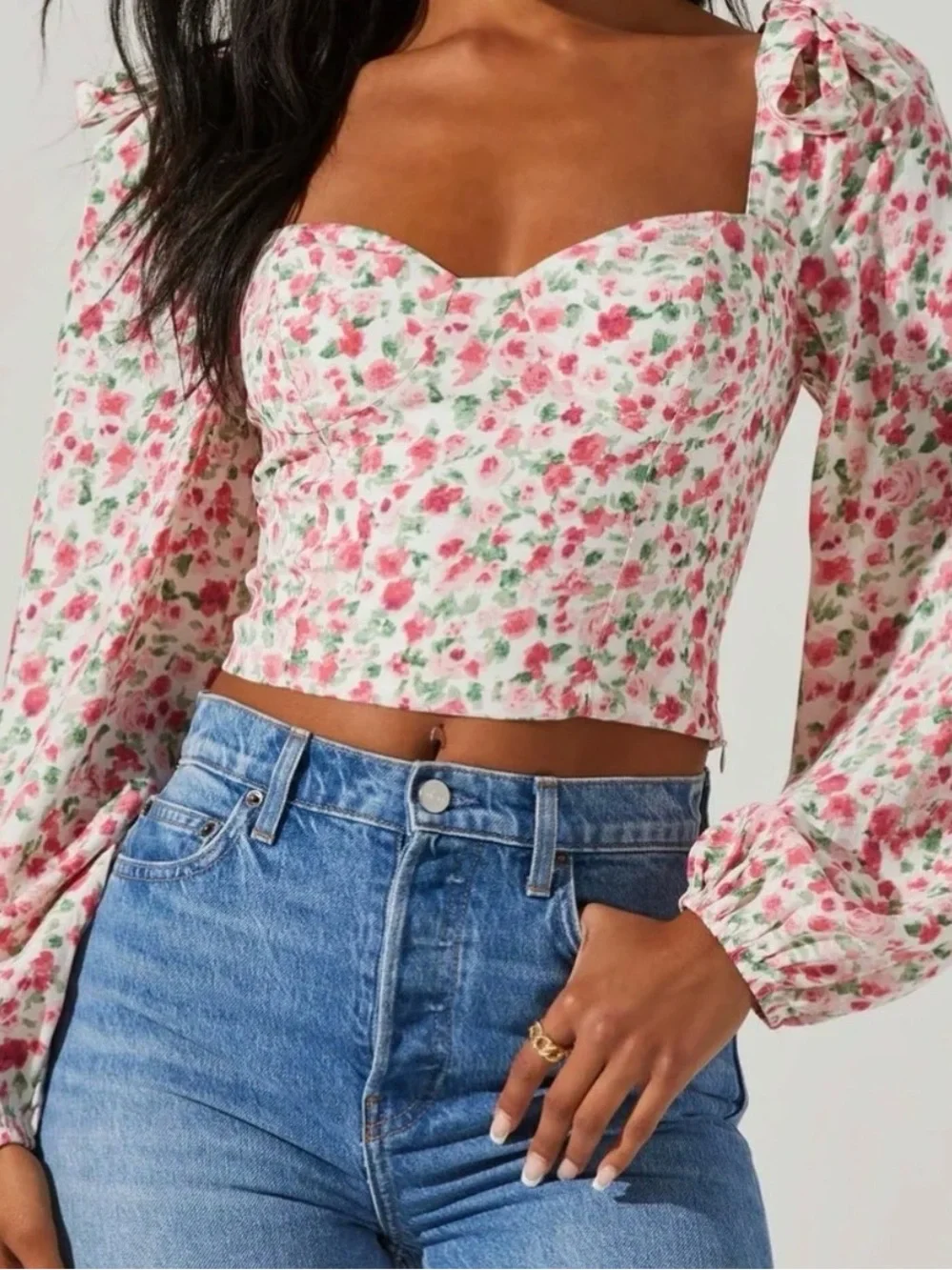 Astr Floral Tie-Shoulder Puff Sleeve Top - White/Pink/Green